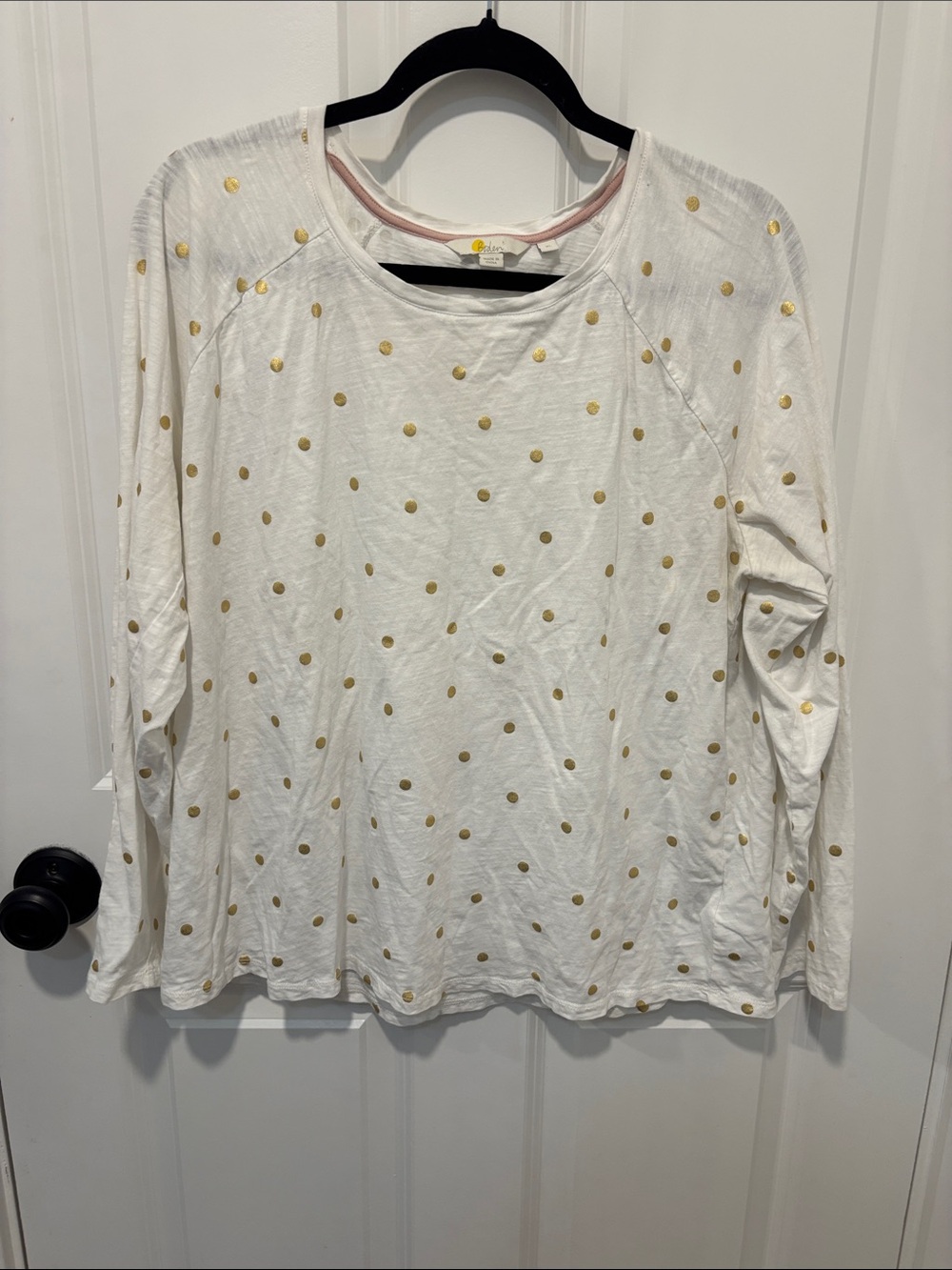 Boden Long-Sleeve White Top with Gold Polka Dots Size XL